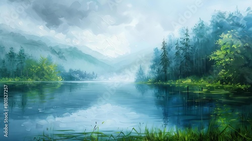 serene morning mist over tranquil lake surrounded by lush green forest nature landscape oil painting photo