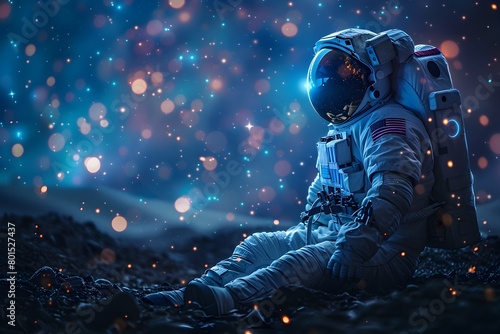 Astronaut in Futuristic Spacesuit Exploring Dreamlike Cosmic Landscape