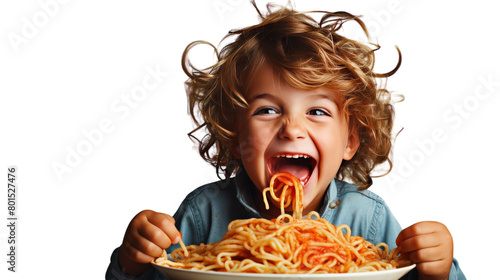 A young child blissfully enjoys a bowl of noodles photo