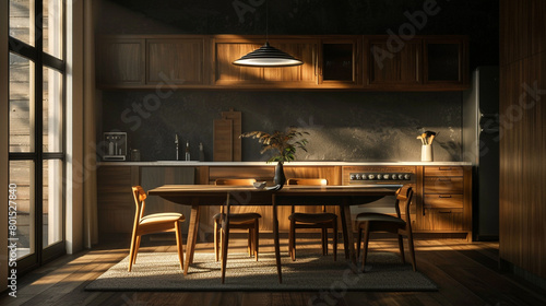 A meticulously designed kitchen room featuring a modern wood table and chairs set against a dark classic wall, evoking a sense of understated elegance.