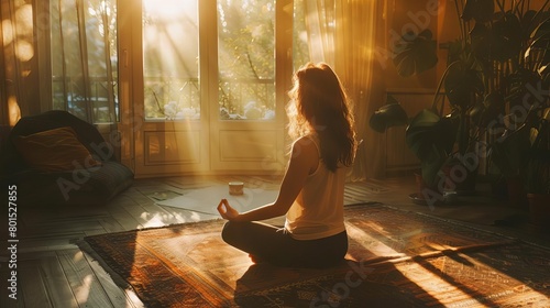 serene woman meditating in cozy living room mindful home relaxation concept