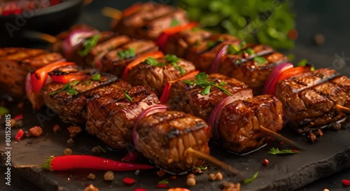 Succulent shish kebabs: tender meat cubes grilled to perfection. Concept Barbecue Techniques, Grilling Tips, Meat Recipes, Succulent Flavors photo