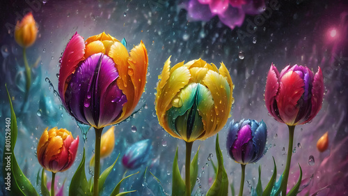 colorful multi-colored tulips with water drops on an abstract fractal background. bright flowers. illustration