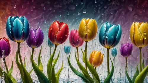 colorful multi-colored tulips with water drops on an abstract fractal background. bright flowers. illustration