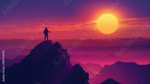 silhouette of a hiker standing triumphantly on a mountain peak at sunset inspirational landscape concept illustration