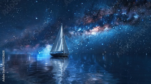 A small sailboat is floating on a calm lake at night. The sky is filled with stars and the water is reflecting the stars. The scene is peaceful and serene