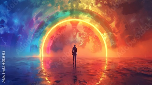 silhouette of person standing in front of vibrant rainbow representing hope and possibility digital illustration