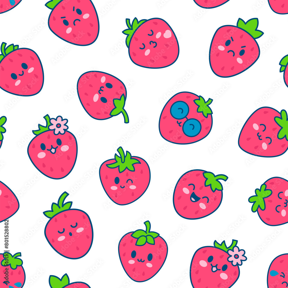 Cute happy strawberry character emoticon. Seamless pattern. Kawaii cartoon fruit. Hand drawn style. Vector drawing. Design ornaments. Cute happy strawberry character emoticon. Seamless pattern. Kawaii cartoon fruit. Hand drawn style. Vector drawing. Design ornaments.