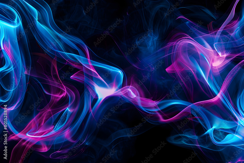 Vibrant neon abstract composition with electric blue and pink swirling patterns. Eye-catching art on black background.