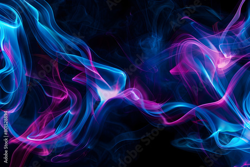 Vibrant neon abstract composition with electric blue and pink swirling patterns. Eye-catching art on black background.