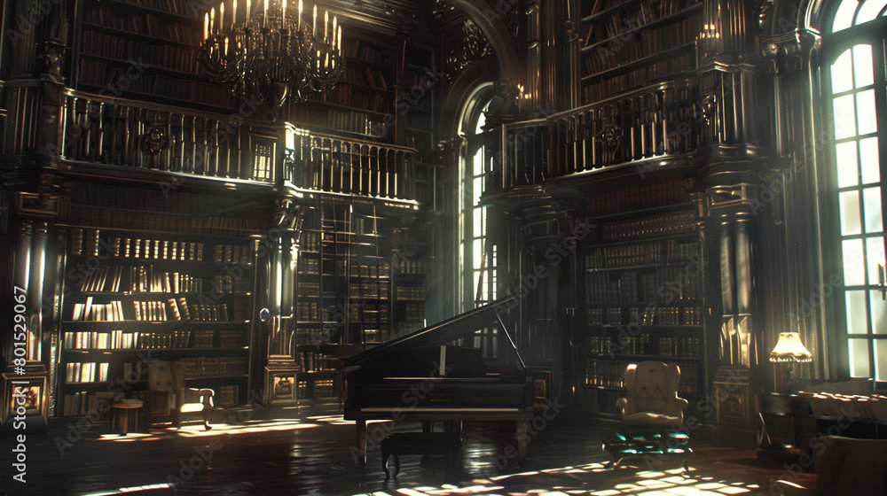 A hauntingly beautiful library with towering bookshelves and a grand piano, illuminated by pools of soft, diffused light.