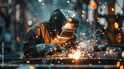 skilled welder in protective gear performing metalwork industrial workshop scene