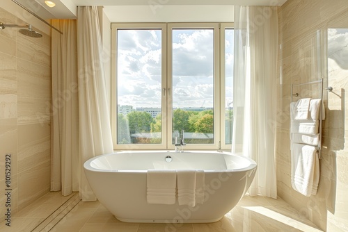 Beige hotel bathroom interior with tub  douche and panoramic window.