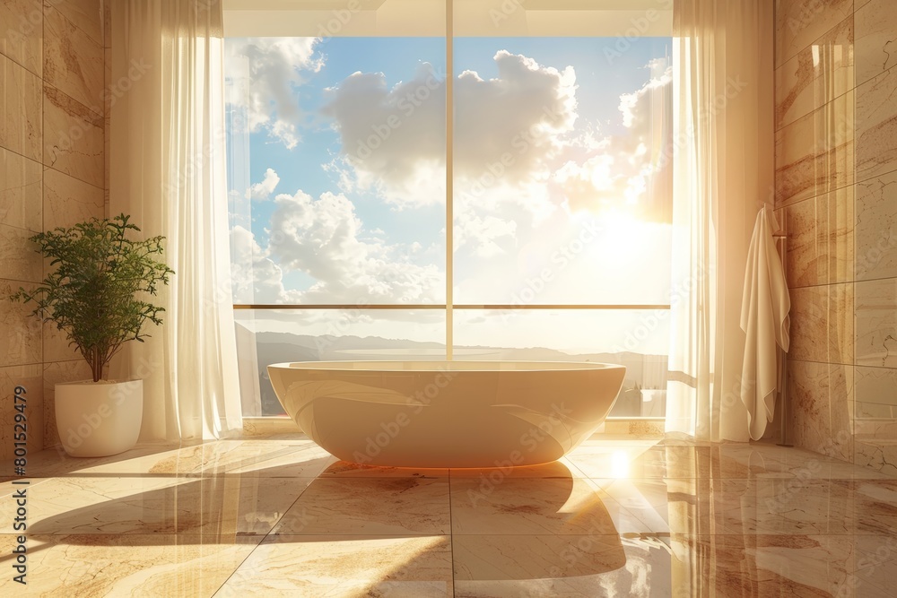 Beige hotel bathroom interior with tub, douche and panoramic window. Beige hotel bathroom interior with tub, douche and panoramic window.