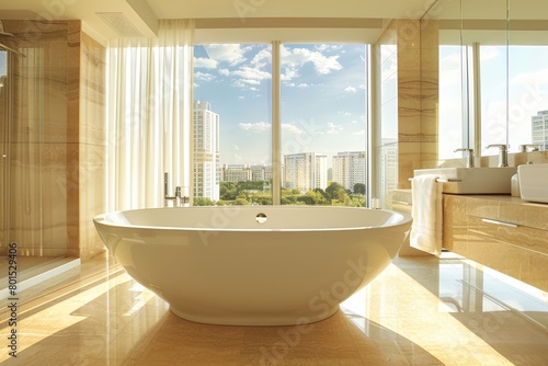 Beige hotel bathroom interior with tub  douche and panoramic window.