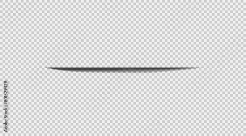 Paper shadow effect. Realistic horizontal sheet divider line. Paper shadow effect isolated on transparent background. 
