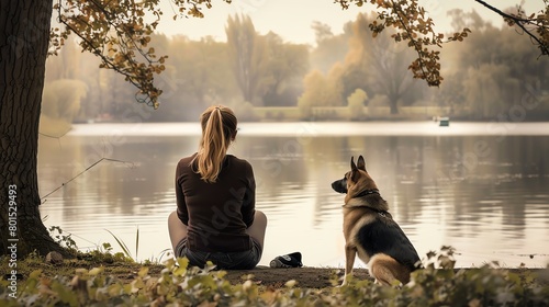 back view of female sitting on the groud looking at the lake with dog