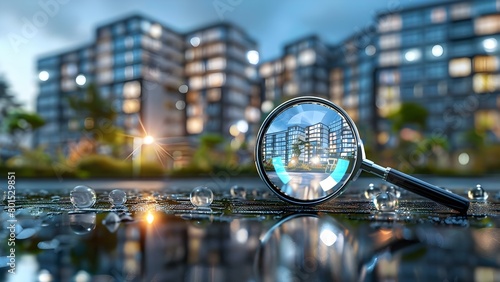 Exploring Rental Properties in the Housing Market with a Magnifying Glass Near a Building. Concept Real Estate Market, Rental Properties, House Hunting, Property Search, Housing Trends
