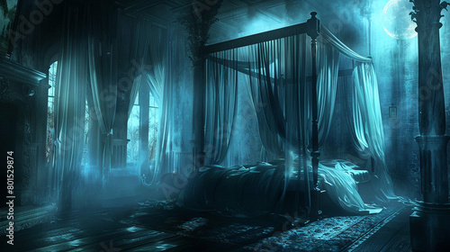 A hauntingly beautiful bedroom with a canopy bed draped in sheer curtains  bathed in moonlight.