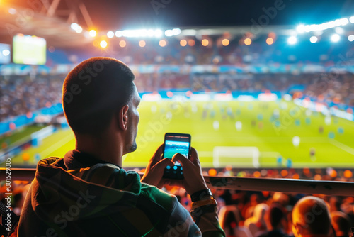 Smartphone user at football match. Impact of 5G on sports