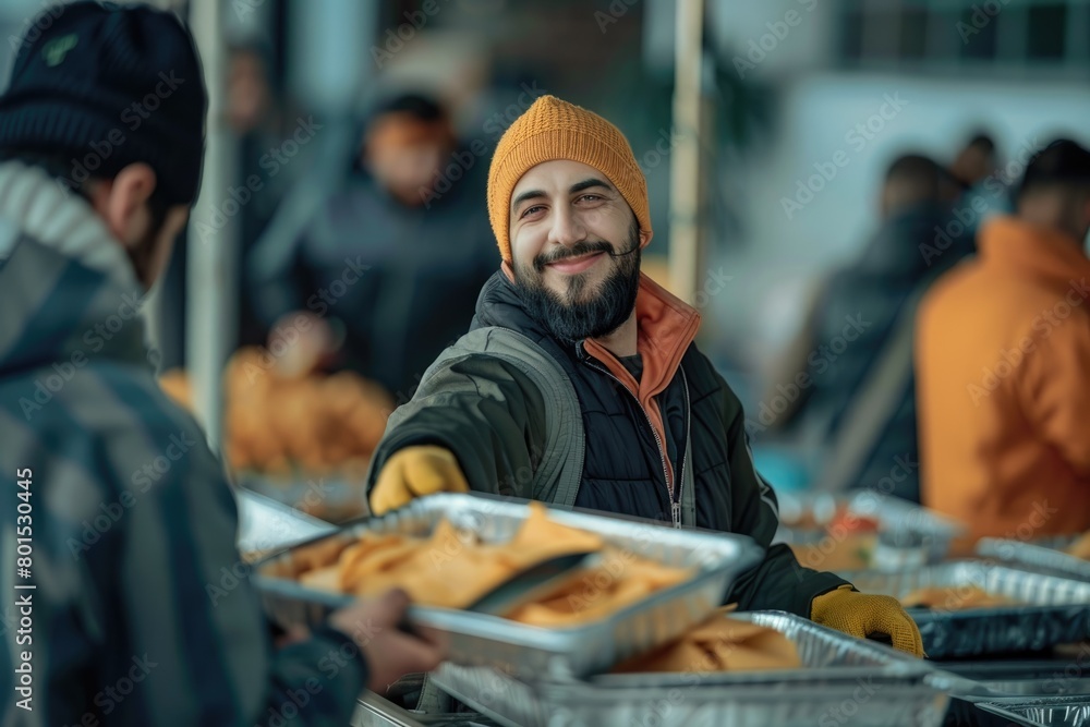 Smiling muslim volunteer helps the homeless at a social center . Volunteer serving the homeless in the social center.