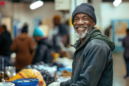 Joyful middle-aged black homeless person enjoys a meal at a social center. photo