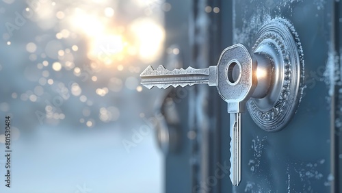A landlords key unlocks a house door in the wind. Concept Property Management, Key Security, Homeowner Liability, Weather Hazards, House Insurance photo