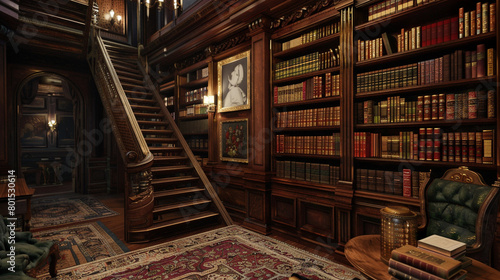 A secret library hidden behind a bookcase  complete with a rolling ladder and leather-bound tomes.