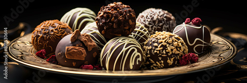 A decadent and rich plate of chocolate truffles with creamy ganache. photo