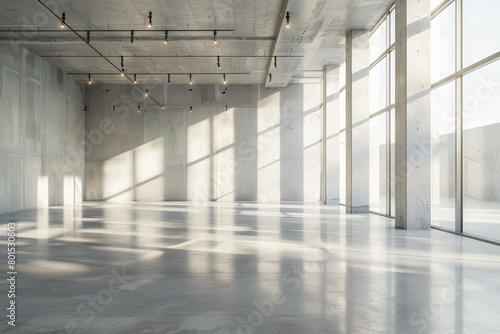 Bright empty concrete interior panoramic windows.