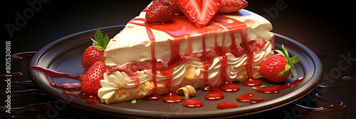 A decadent and rich plate of creamy cheesecake with strawberry sauce. photo