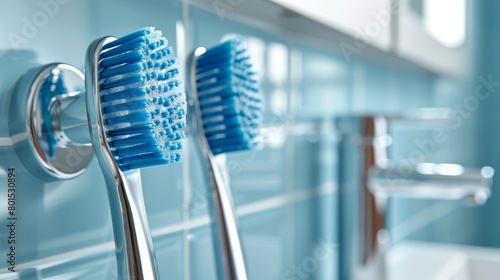   Two toothbrushes atop a blue wall A white sink adjacent Bathroom setting photo