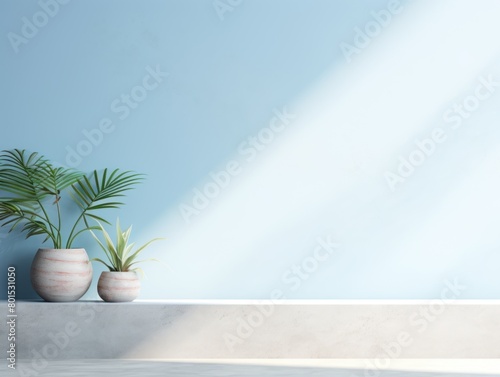Sky Blue minimalistic abstract empty stone wall mockup background for product presentation. Neutral industrial interior with light, plants