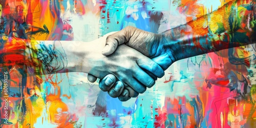 Two individuals shaking hands in front of vibrant colors