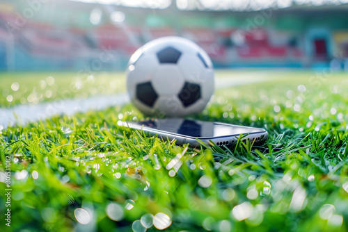 Smartphone and soccer ball on green grass, concept of live internet broadcast of football