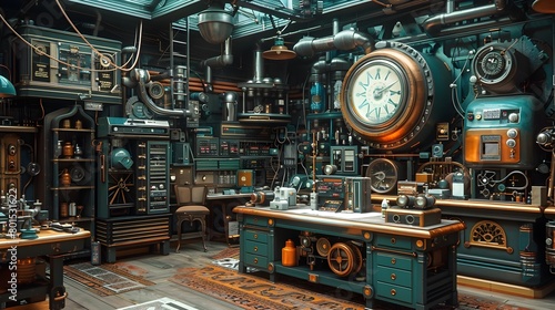 Surreal Steampunk Laboratory with Pulsing Otherworldly Contraptions Exploring Hormonal Mysteries photo