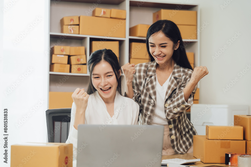Asian businesswoman using laptop computer checking customer's shipping box online at home. SME startup. Small business entrepreneur, freelancer. Online business, SME work Asian businesswoman using laptop computer checking customer's shipping box online at home. SME startup. Small business entrepreneur, freelancer. Online business, SME work