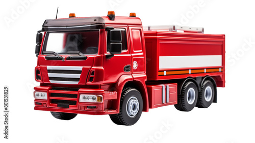 A vibrant red toy truck sits on a pristine white background