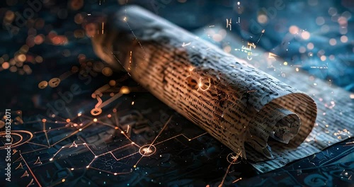 Ethereal image of an ancient illuminated manuscript with cryptic texts, set atop a futuristic digital circuit board background.