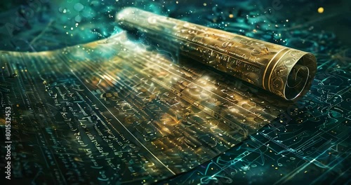 A mystical ancient scroll with glowing symbols against a futuristic circuit background, blending magic and technology.