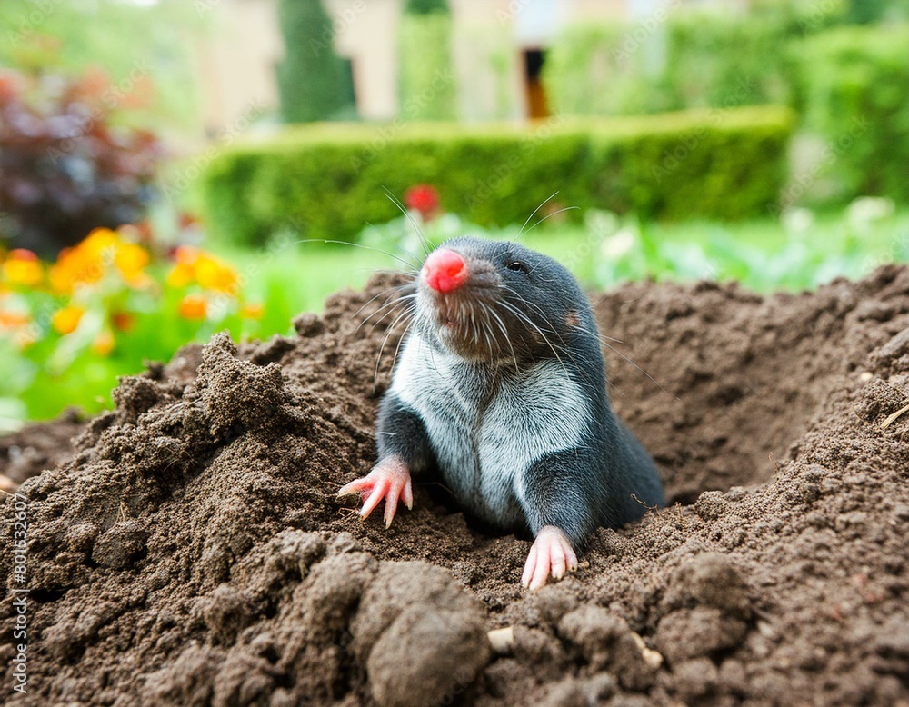  Maulwurf schaut aus dem Maulwurfloch und gräbt sich durch den Garten 