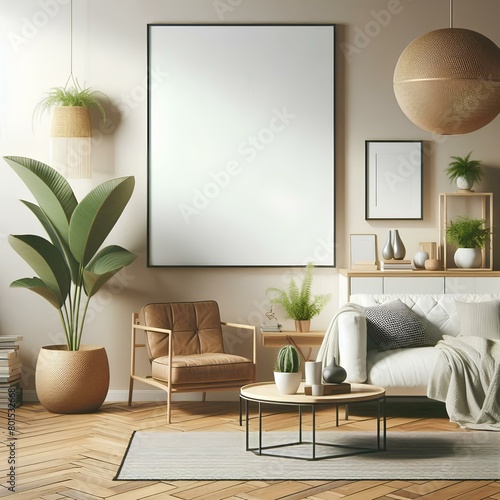 A mockup of a photo frame situated in a modern living room, complete with a sofa, plants, and furniture