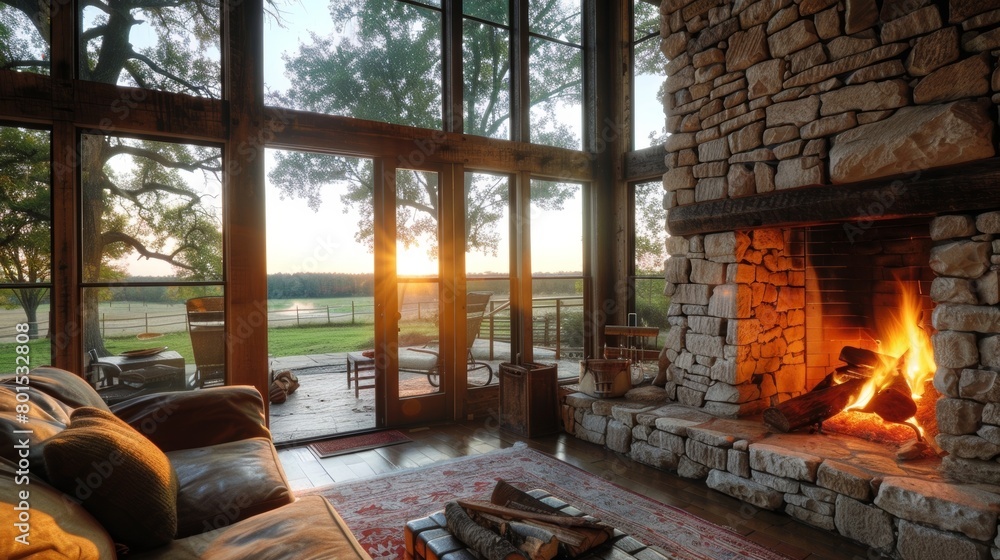 A rustic stone fireplace provides a comforting glow as you take in the picturesque countryside through panoramic windows. 2d flat cartoon.