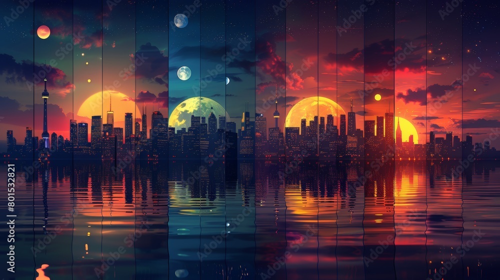 An urban cityscape silhouette background collage set of morning, day, and night scenes from a city skyline landscape, with different coloured buildings and urban skylines.