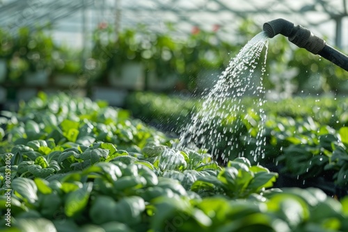 Close-up of hose nozzle watering vegetables in a greenhouse.