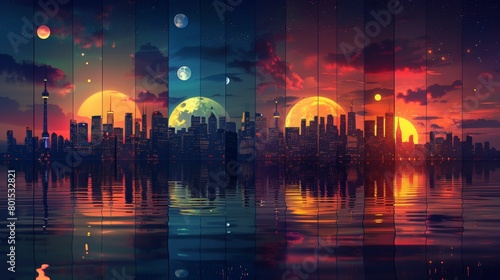 An urban cityscape silhouette background collage set of morning  day  and night scenes from a city skyline landscape  with different coloured buildings and urban skylines.