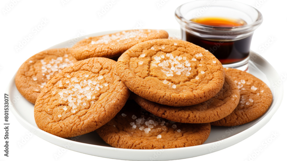 A plate of cookies sits next to a glass of syrup, ready to be enjoyed together