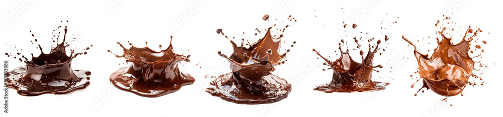 Five sequential images show the dynamic splashes of chocolate against a teal background Five sequential images show the dynamic splashes of chocolate against a teal background