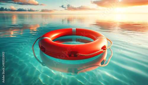 Close-up of a lifebuoy floating on the water. Lifebuoy in the water.