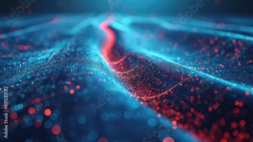 A digital landscape made up of glowing red and blue dots that form wavy